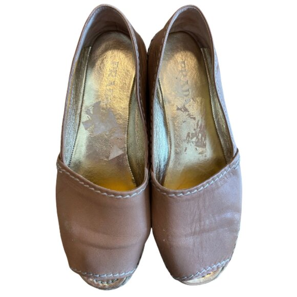 Prada Tan Leather Espadrille Platform Slip Ons | Women’s Size 39 (US 8.5) - Picture 2 of 10